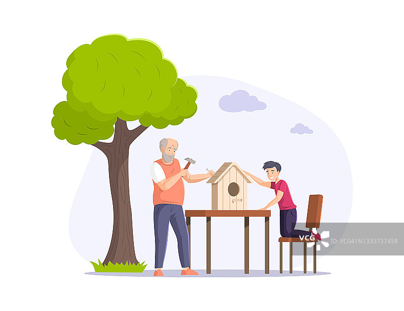 爷爷和孙子一起做鸟笼。幸福家庭为小鸟建造木屋图片素材