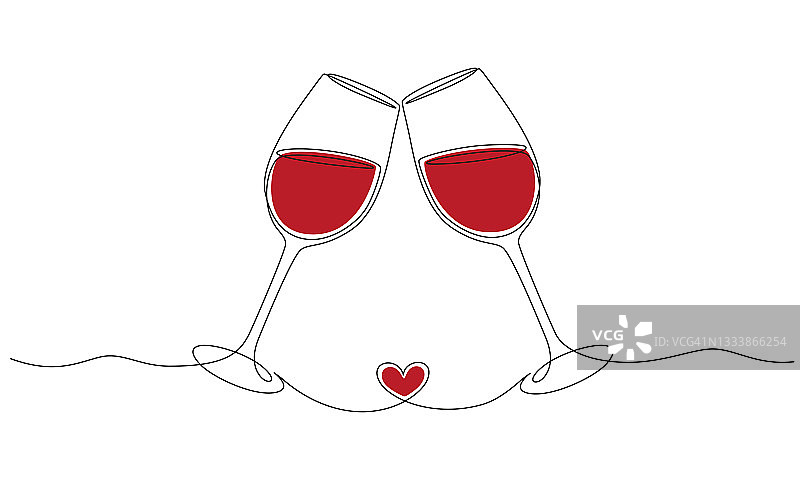 连续一行画干杯两杯红酒。浪漫的吐司概念与线性风格的心形孤立在白色背景。矢量图图片素材