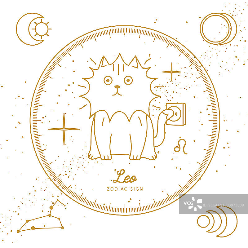 现代魔法魔法卡与星座Leo zodiac sign。卡通星座。有趣的猫图片素材