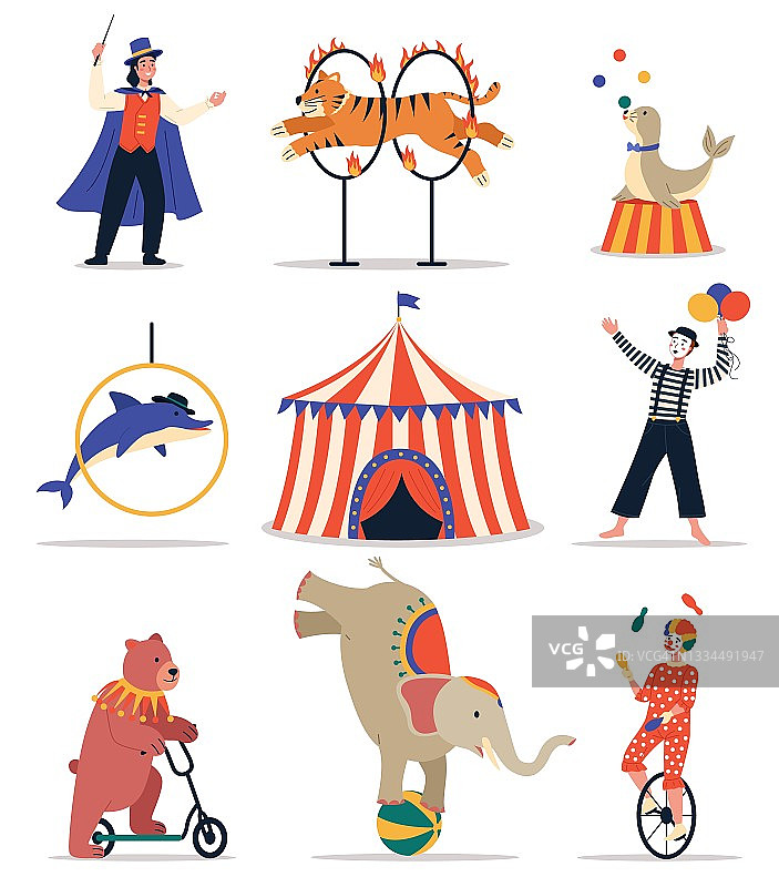 马戏团的动物。有趣的训练有素的动物。展示元素箍，护柱和球，马戏团帐篷，卡通熊，大象和海豚。魔术师哑剧和小丑服装，矢量孤立集图片素材