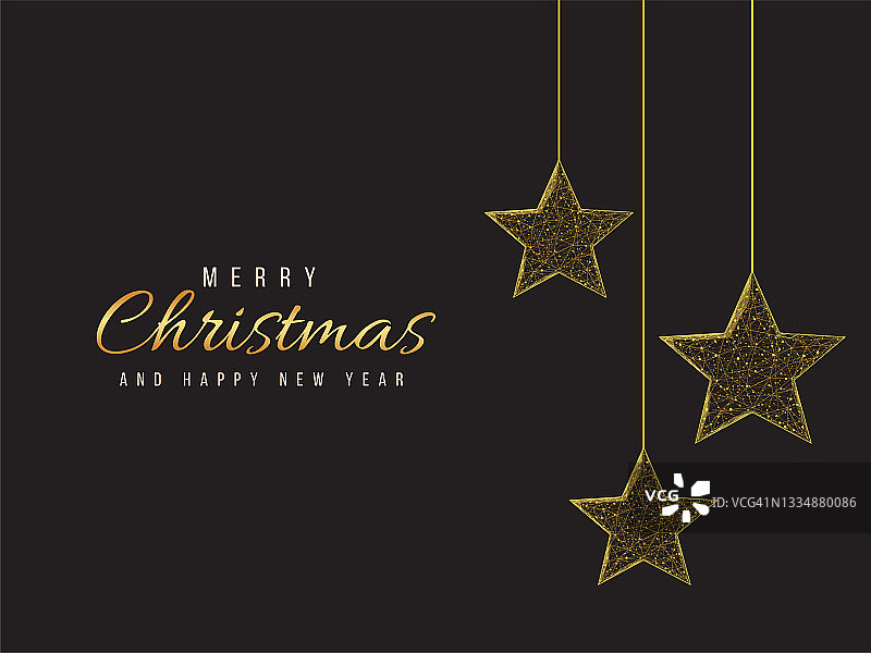 圣诞快乐，新年快乐低聚贺卡。多边形线框网格插图与挂圣诞星星。抽象矢量插图在黑暗的背景。图片素材