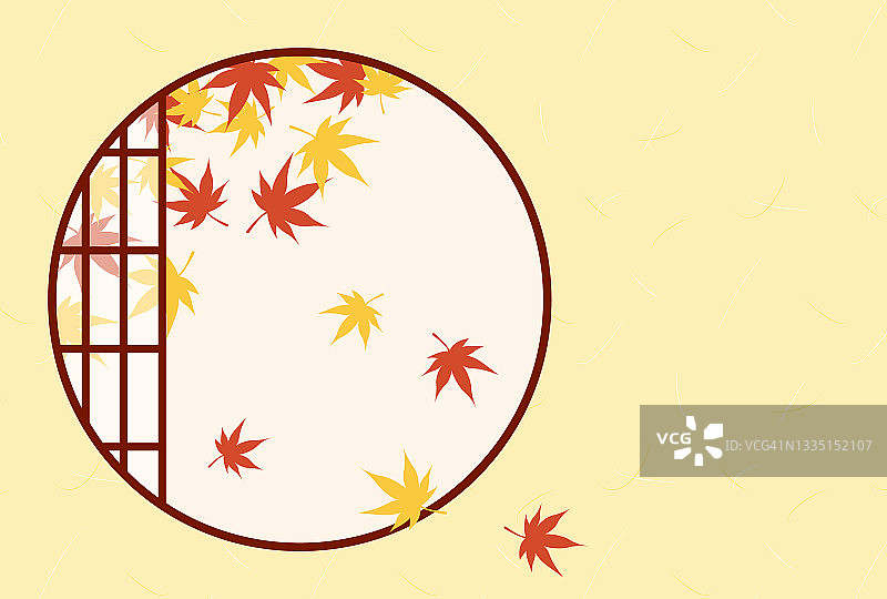 日本风格的矢量背景与圆形窗口与秋叶横幅，卡片，传单，社交媒体墙纸等。图片素材
