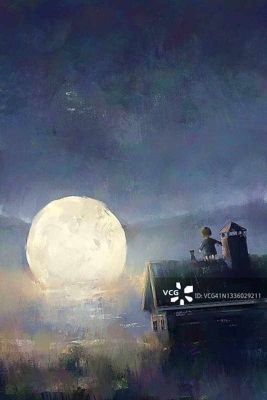 数码艺术绘画组的小女孩站在屋顶上看着草地上的月亮，空白的空间。图片素材