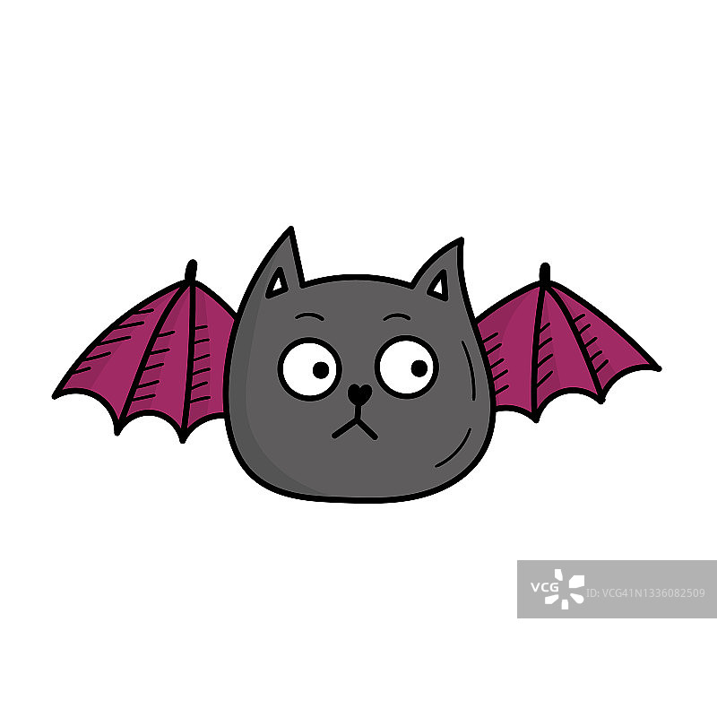 可爱的蝙蝠猫。万圣节有趣的动物装饰。涂鸦风格的插图图片素材