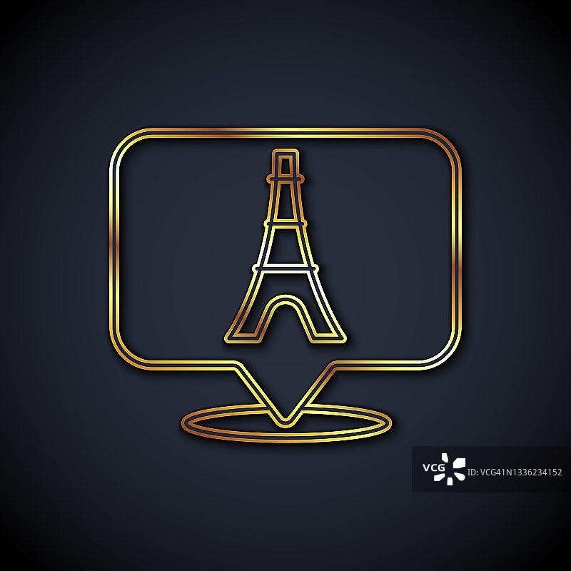 金色线条的埃菲尔铁塔图标孤立在黑色背景上。法国巴黎的地标标志。向量图片素材