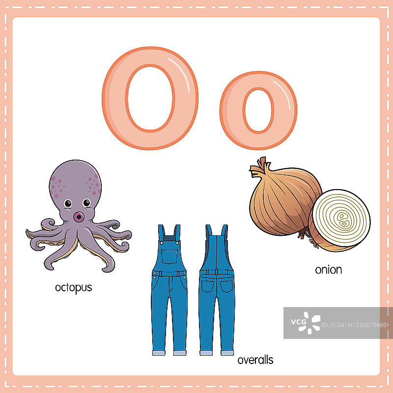 向量插图学习字母O的小写和大写的儿童与3卡通图像。章鱼工作服洋葱。图片素材