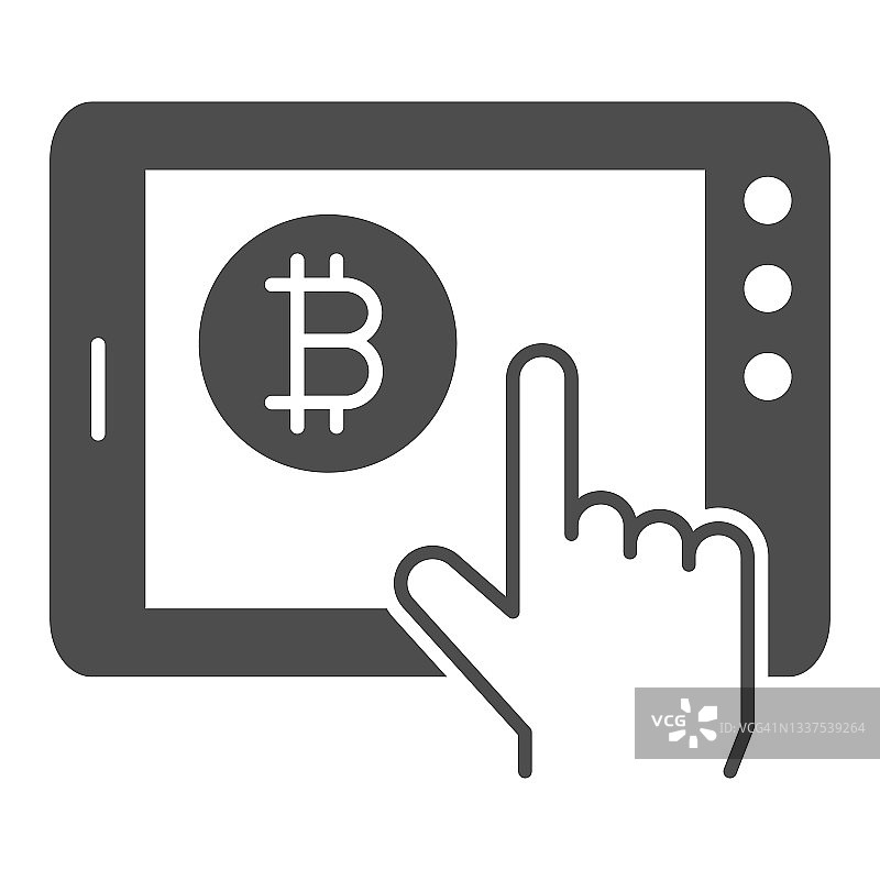 平板电脑上的比特币标志和手实体图标，加密货币概念，白色背景上的BTC应用向量标志，移动概念和网页设计的字形风格图标。矢量图形。图片素材