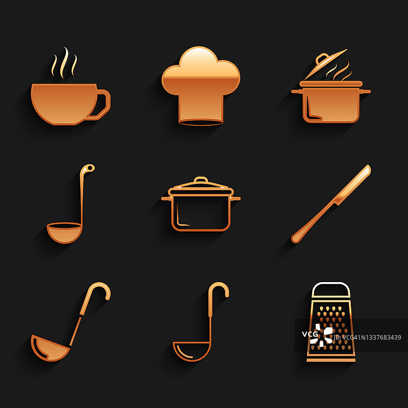 Set Cooking pot, Kitchen ladle, Grater, Knife, and Coffee cup icon。向量图片素材