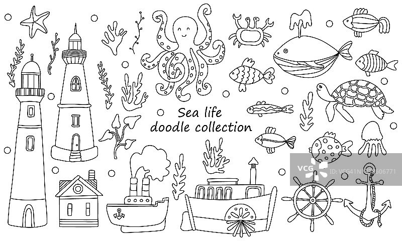 海洋生物涂鸦收集动物，海藻和灯塔。图片素材
