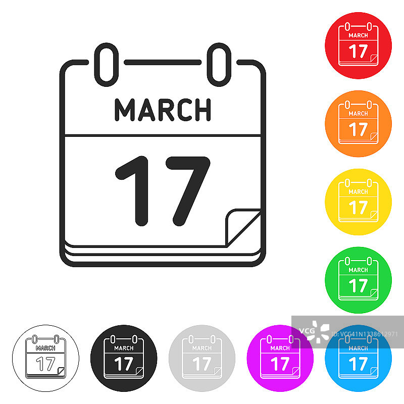 3月17日。按钮上不同颜色的平面图标图片素材