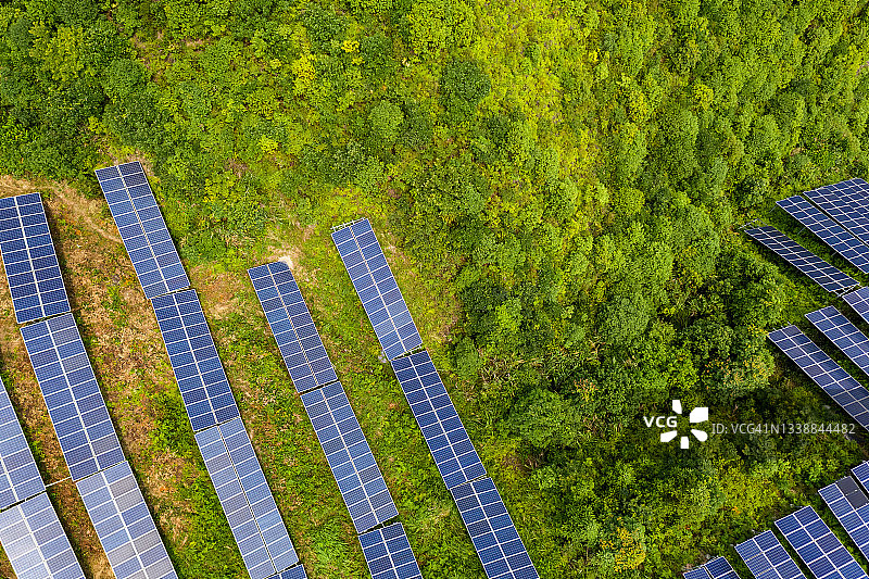 俯瞰太阳能电池板和茂密的树林图片素材