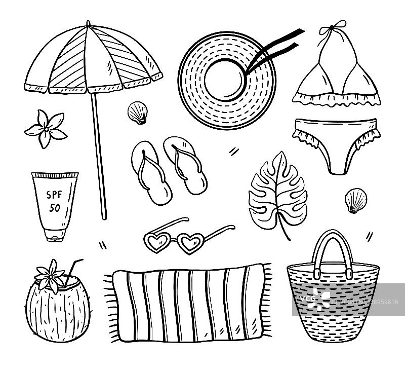 夏季度假海滩-女性比基尼和帽子，柳条包，人字拖，毛巾，防晒霜，太阳镜，沙滩伞和椰子鸡尾酒。矢量手绘插图涂鸦风格。图片素材