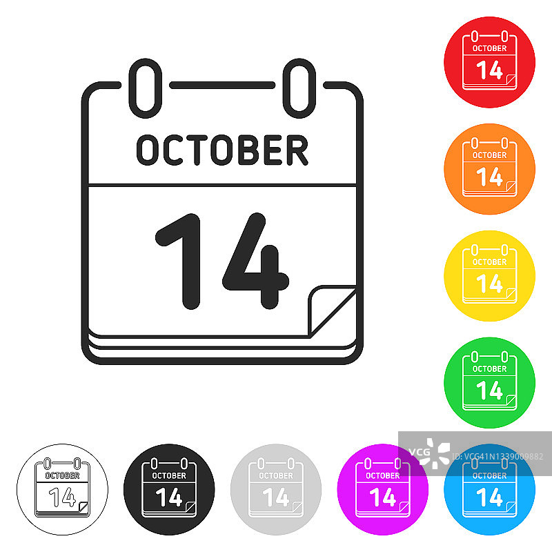 10月14日。按钮上不同颜色的平面图标图片素材