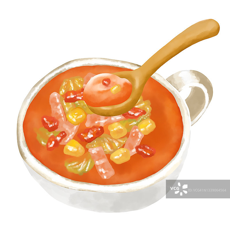 水彩插图蔬菜通心粉(蔬菜汤)和木勺图片素材