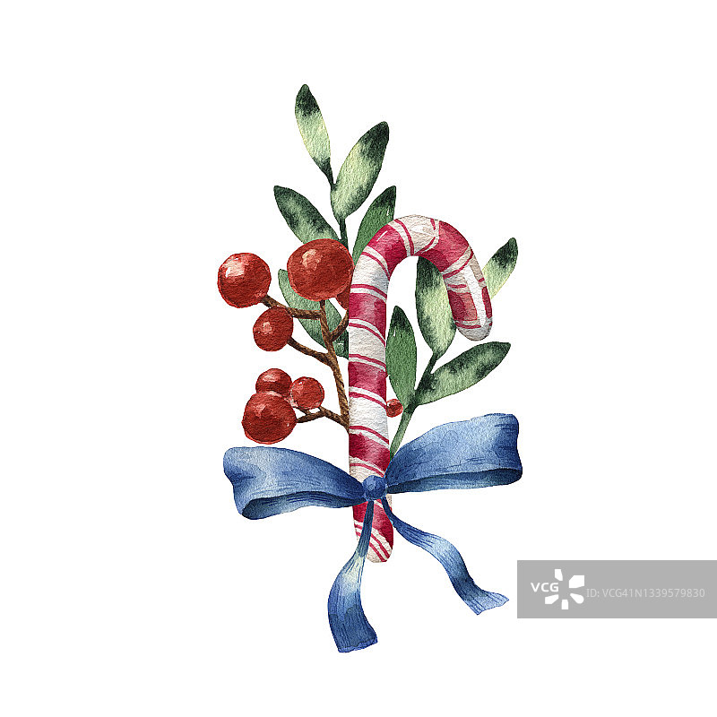 水彩的圣诞贺卡。可爱的圣诞花束和季节树叶。红色的浆果，糖果和槲寄生。手绘插图。可爱的卡通风格。圣诞贺卡和版画的有趣艺术。图片素材