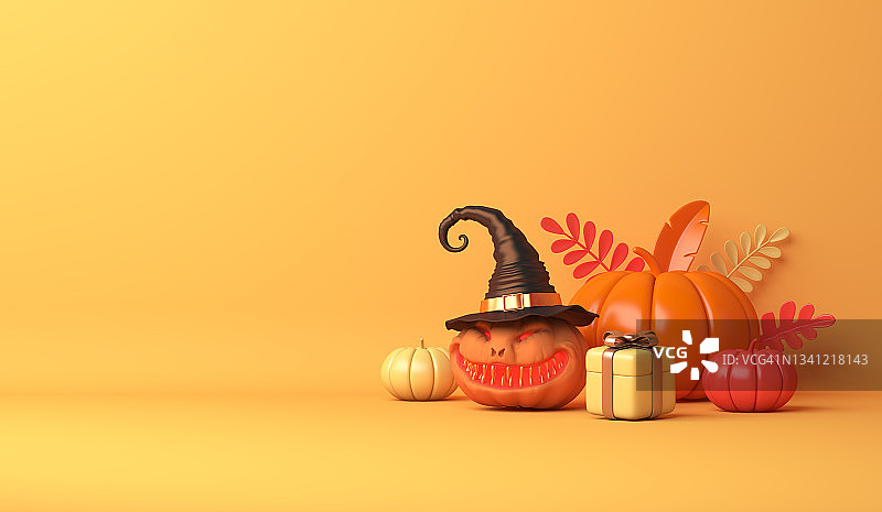 Happy Halloween with cartoon pumpkin,gift box on orange background, copy space text, 3D渲染插图。图片素材