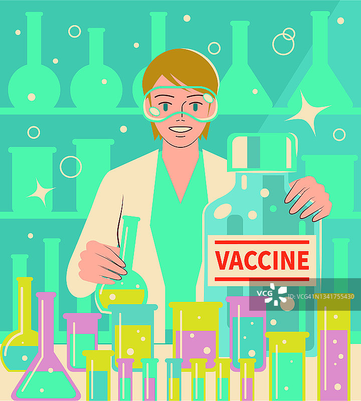 一位自信、美丽的年轻女科学家(药剂师、医生、生化学家)在实验室开发大型COVID-19疫苗(或流感疫苗)图片素材