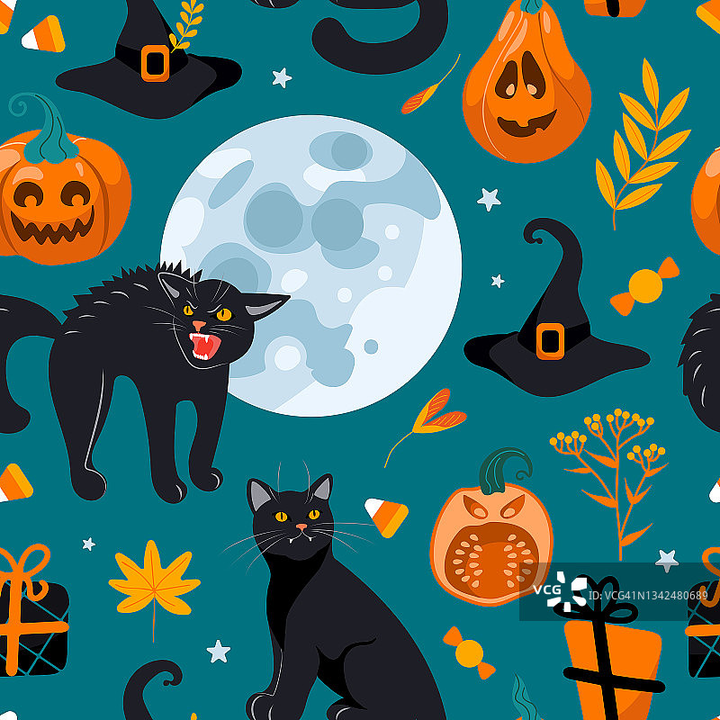 黑猫，满月，女巫帽，礼物，糖果。在绿色背景上。卡通风格的明亮插图。用于苗圃，墙纸，织物印刷，包装，背景。图片素材