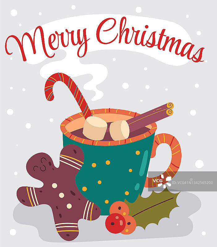 圣诞快乐冬季饮料与姜饼人平面卡通插图图片素材