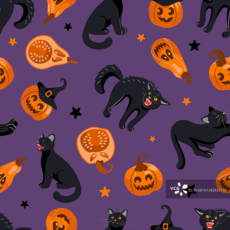 黑猫，女巫帽，杰克灯，糖果。紫色的背景。卡通风格的明亮插图。适用于墙纸、布料印刷、包装、背景图片素材