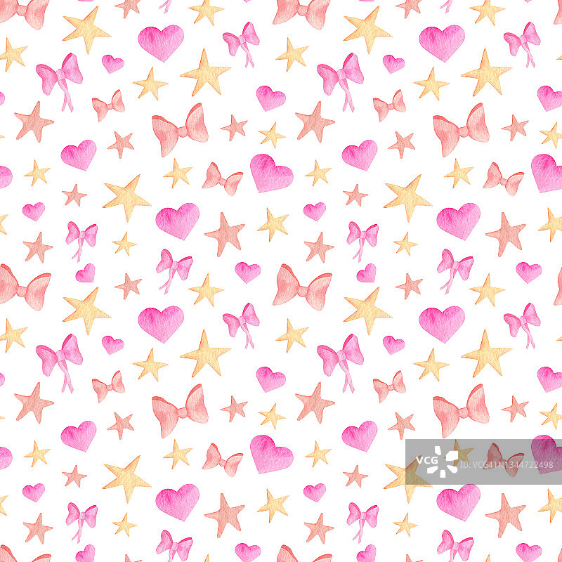水彩粉红色丝带蝴蝶结，心和星星无缝模式。手绘的可爱简单的设计孤立在白色背景上的儿童，女孩，儿童，托儿所，纺织品，包装。图片素材