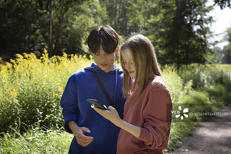 夏天，在野花盛开的乡村小路上，一对十几岁的男孩和女孩正在一起看手机。图片素材