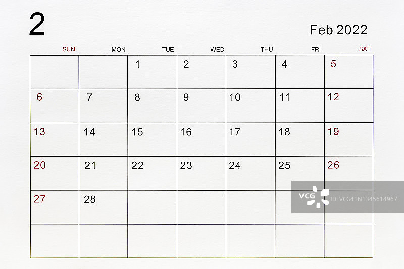 2022年2月关闭日历台。图片素材