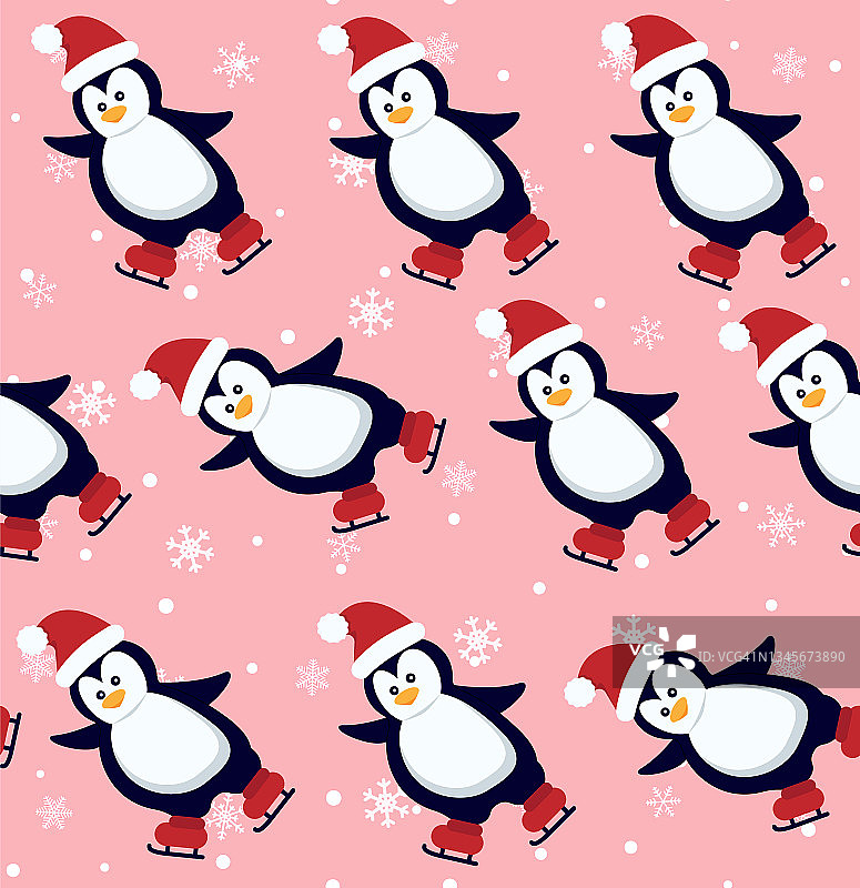 企鹅无缝模式。可爱的小企鹅在冬天的衣服和帽子，圣诞北极动物，儿童纺织或墙纸矢量纹理。图片素材