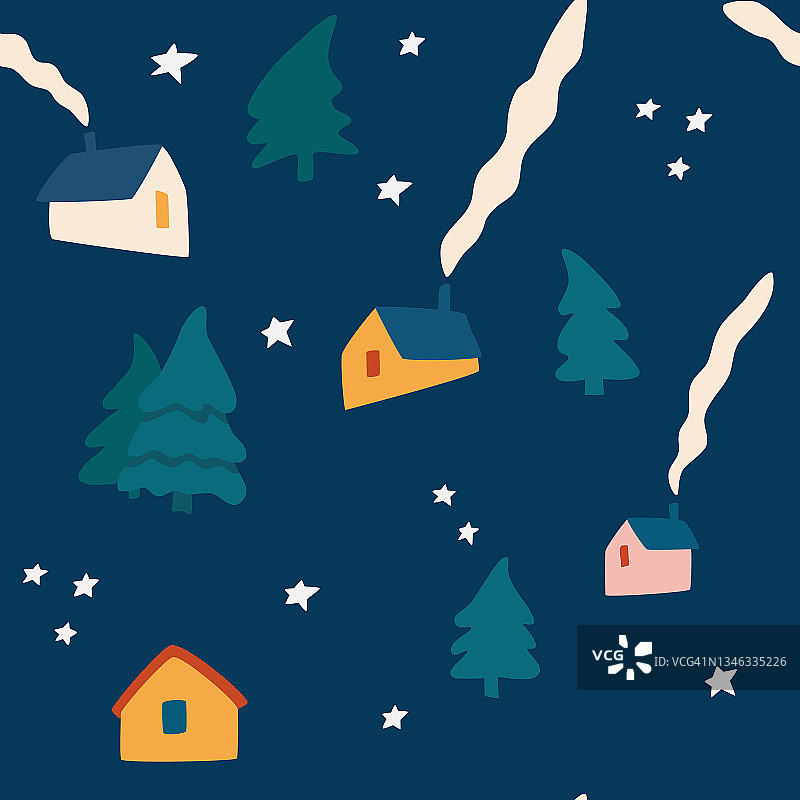 冬季房屋无缝模式。北欧风格的冬季景观。用于圣诞背景面料、节日服装、包装纸、睡衣。矢量插图。图片素材