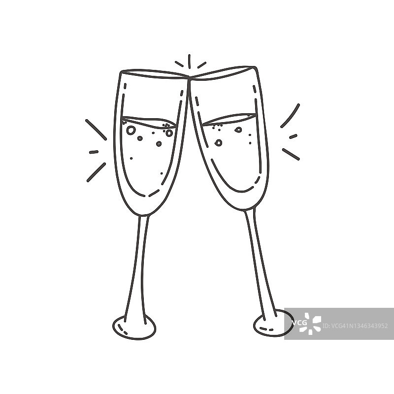 玻璃杯中的香槟涂鸦图标被隔离在白色上图片素材