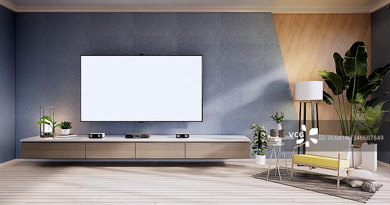电视柜，木地板扶手椅和蓝色木墙设计，极简主义的生活室内。三维渲染图片素材