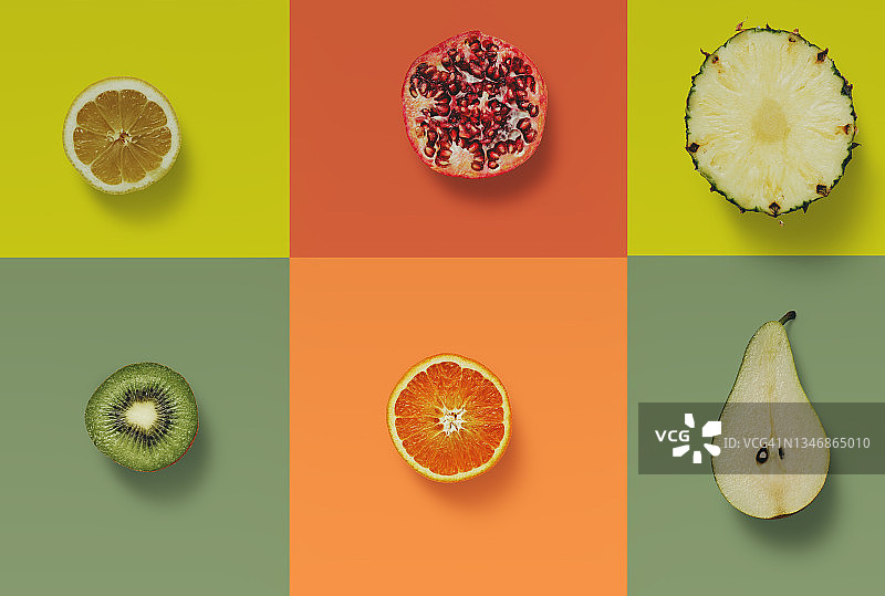 柑橘类水果柠檬，柑橘猕猴桃。彩色的背景图片素材
