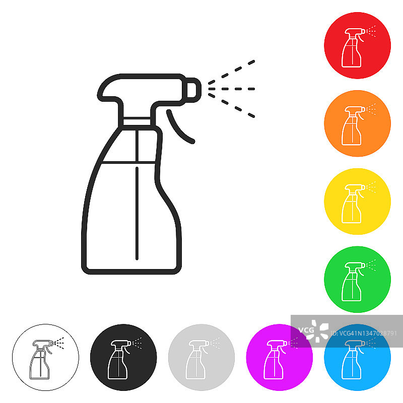 清洁喷雾瓶。按钮上不同颜色的平面图标图片素材