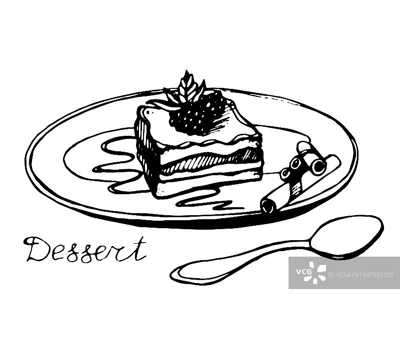 甜点上有奶油和黑莓，盘子上有勺子，用钢笔画的黑白矢量图片素材