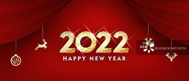 2022黄金闪耀数字和黄金圣诞元素。新年快乐贺卡。矢量图图片素材