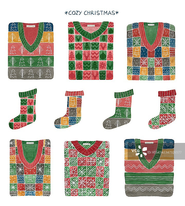 圣诞冬天的毛衣和袜子，温馨的卡片插图图片素材
