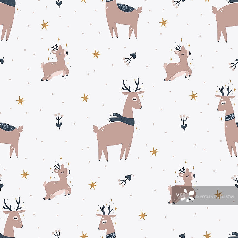 圣诞和新年的象征树和鹿斯堪的纳维亚手绘无缝图案。向量可爱的打印。电子纸。设计元素。图片素材