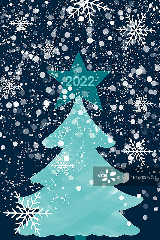 圣诞树上点缀着星星，飘着雪花图片素材
