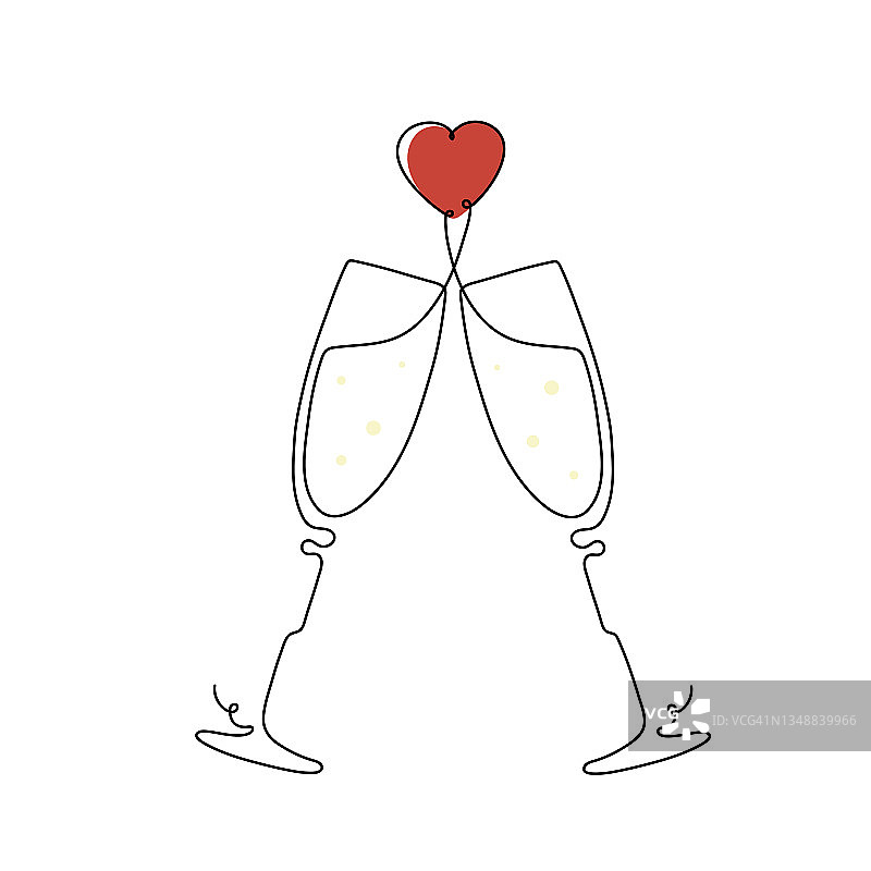 画了两杯香槟酒和心形。图片素材