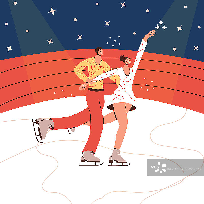 情侣花样滑冰孤立的卡通平面矢量插图在时尚的颜色。对花样滑冰。冬季运动、冰上舞蹈、女子体操、锦标赛、竞赛活动等现代设计元素图片素材