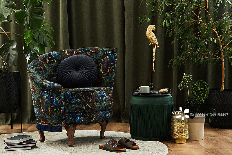 时尚的现代客厅内饰，复古设计的扶手椅，植物，坐垫和创意的个人配件。都市丛林的概念。模板。图片素材