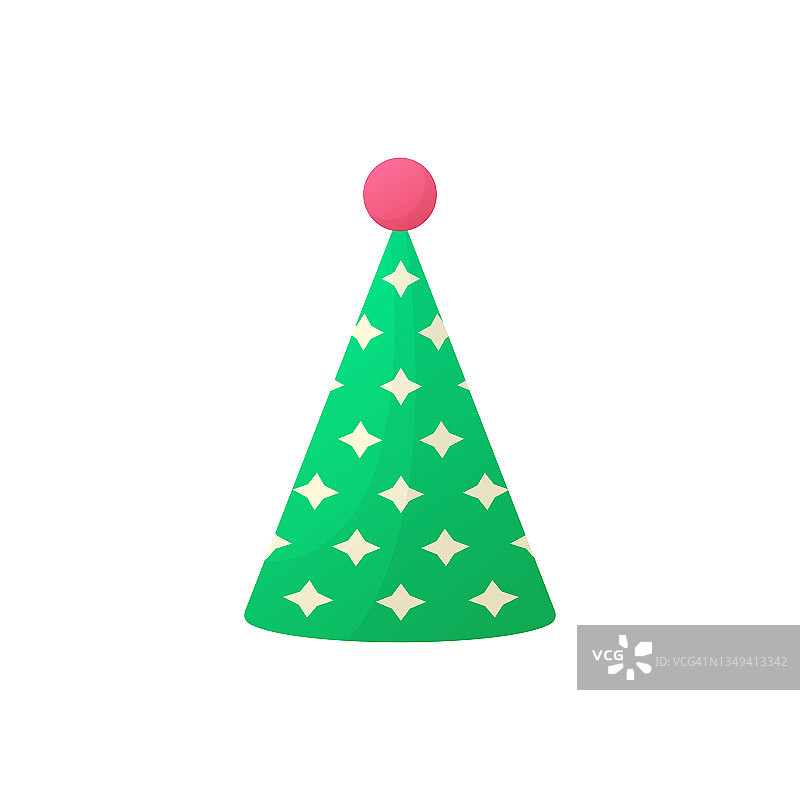 绿色生日派对帽子插图。彩色有趣的卡通锥帽上的白色背景。庆祝生日，周年纪念，圣诞节的节日装饰。孤立的矢量图图片素材