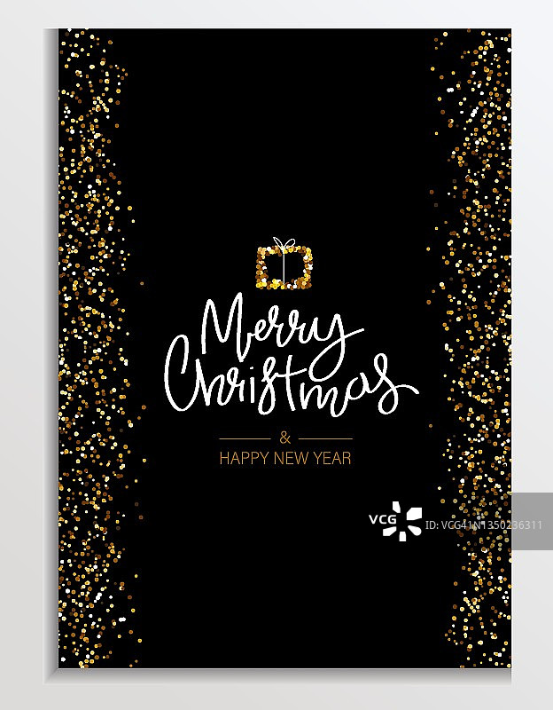 金闪光卡与礼盒。写圣诞快乐，新年快乐。背景，问候或公司卡片，海报，节日封面。矢量图图片素材