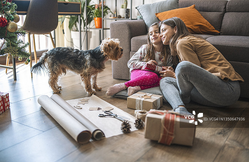 美丽的家庭与他们的家庭狗包装圣诞礼物图片素材