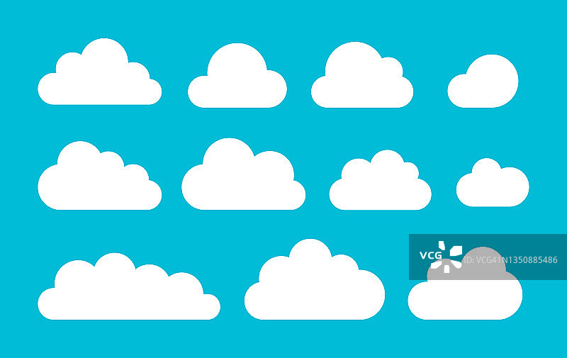 一组白云图标在平面风格孤立在蓝色背景。云符号为您的网站设计，应用程序，标志，UI。向量插图,EPS10。图片素材