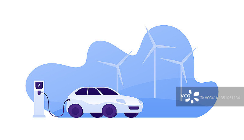 电动汽车的概念。矢量平面插图。汽车通过插头连接到有蓝天背景的风力发电厂的充电站。生态与交通设计图片素材