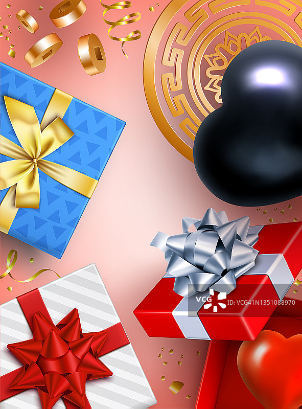假日心形气球和礼物背景图片素材