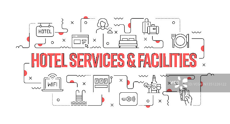 酒店服务和设施网页横幅线风格。现代设计矢量插图图片素材