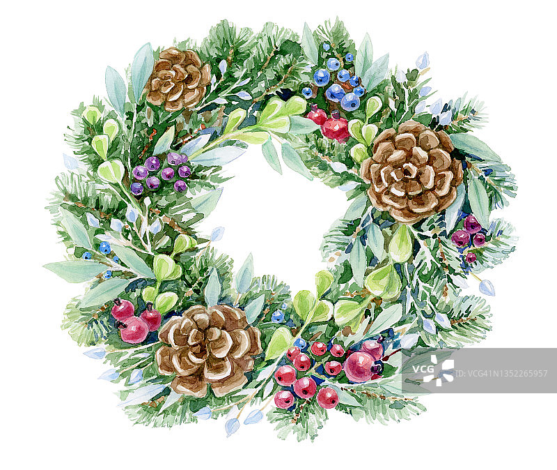 圣诞花环。冬季圆形框架孤立在白色上。水彩插图。图片素材