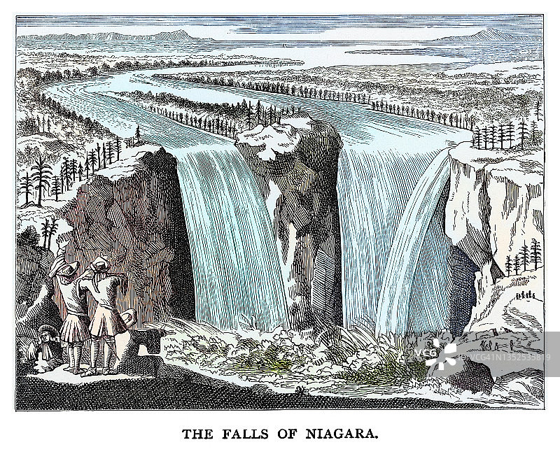 尼亚加拉瀑布的古老雕刻插图，安大略省，加拿大图片素材